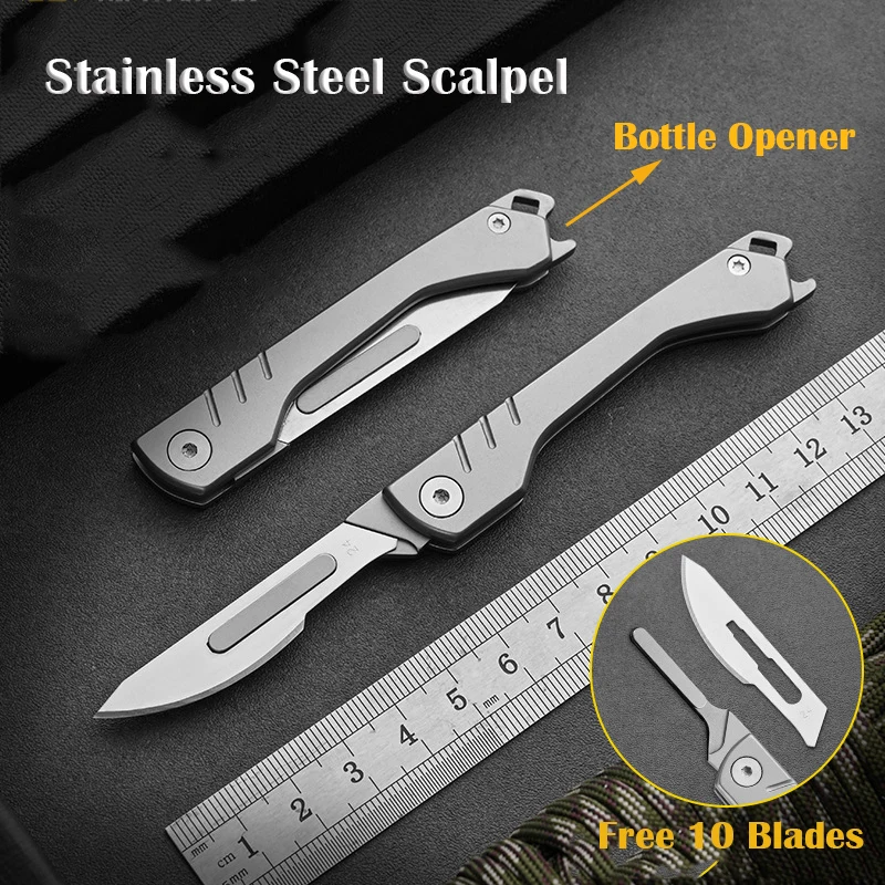 EDC Stainless Steel Scalpel Bottle Opener Replaceable Blades Folding Knife Multifunctional Outdoor Survival Camping Tool