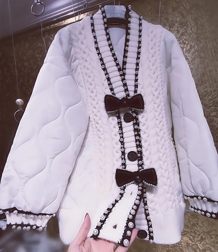Luxury 3D Bowtie Buttons Pearls Beaded Knit Spliced Quilted Coat Warm Rhinestones Cotton Padded Jacket Spliced Cardigan Parka