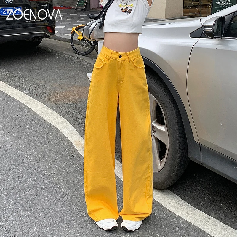 ZOENOVA American Street Fashion Y2K Lemon Yellow Casual Jeans Women Summer New Straight Loose Wide Leg Floor Length Denim Pants