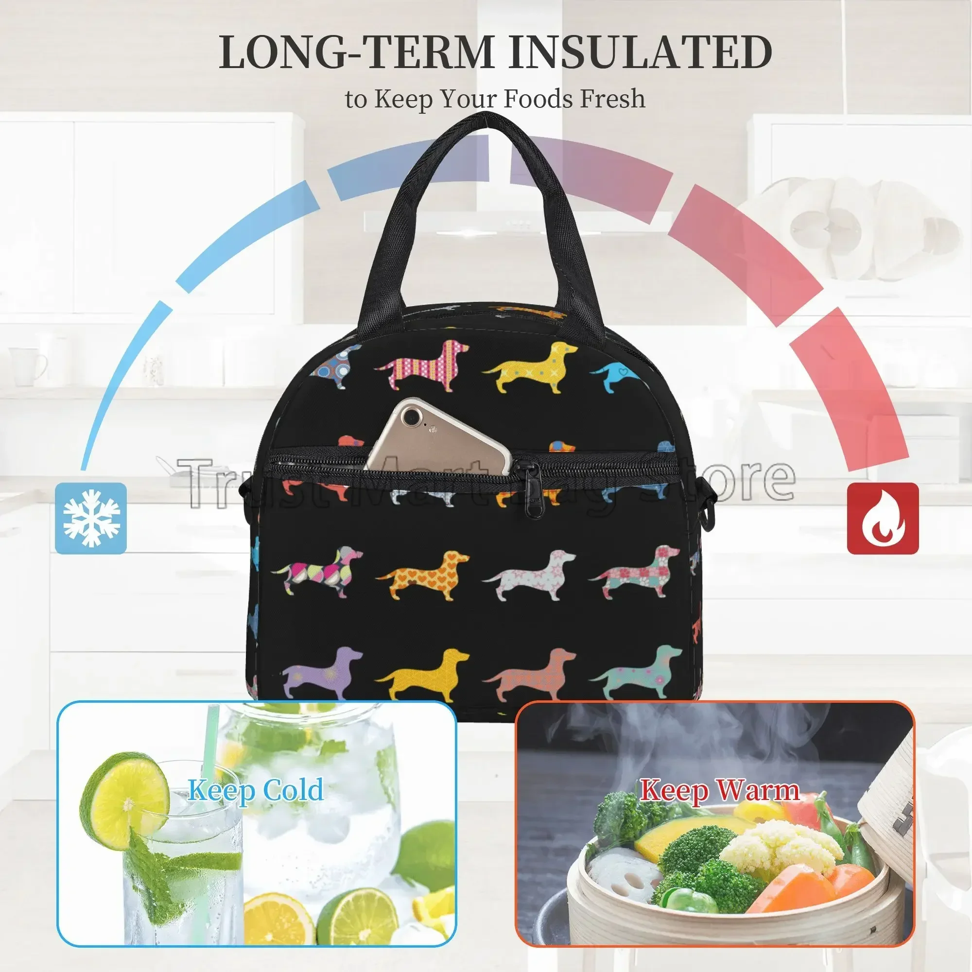 Cute Dachshund Print Insulated Lunch Bag Reusable Waterproof Thermal Bento Tote Bags with Adjustable Strap for Work Picnic Beach