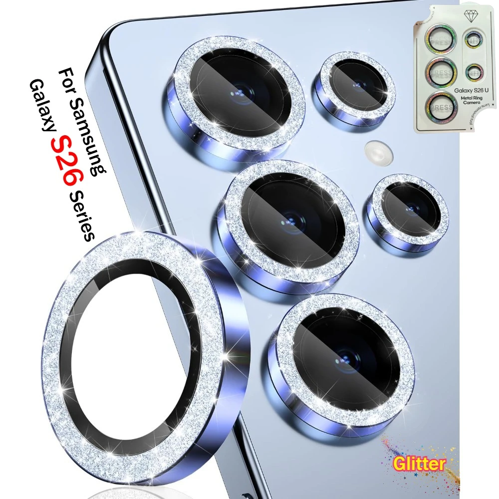Protezione per obiettivo fotocamera con glitter in vetro temperato HD 9H per Samsung Galaxy S26 Ultra S25 Plus Anello protettivo per obiettivo in lega di alluminio