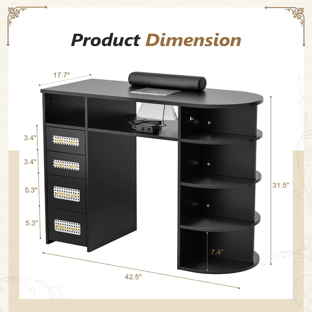 Nail Desk for Nail Tech with Electric Dust Collector – Rattan Manicure Table, Professional Salon Station with Display