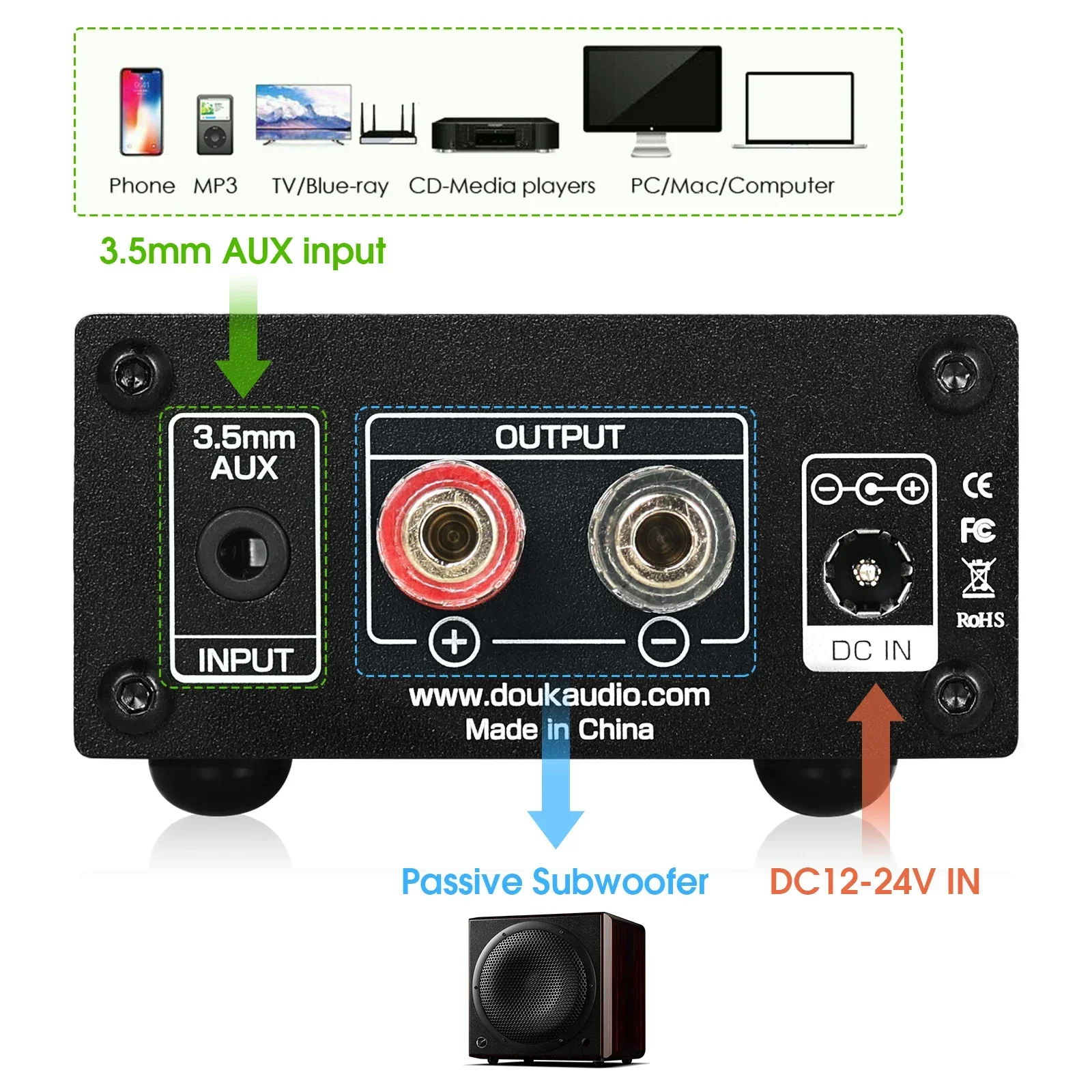 Douk Audio NS-03G Mini subwoofer de 100W/canal Mono de frecuencia completa TPA3116 amplificador Digital amplificador de potencia de Audio de