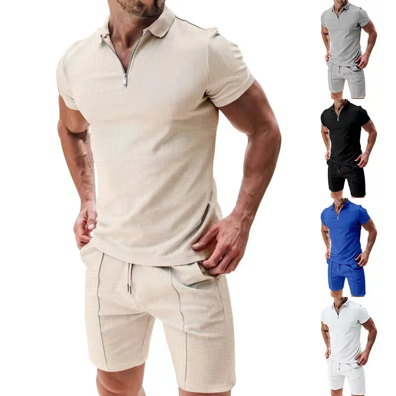 Cross border 2024 summer men\'s polo shirt set solid color waffle short sleeve slim lapel t-shirt casual men\'s set