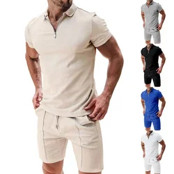 Cross border 2024 summer men's polo shirt set solid color waffle short sleeve slim lapel t-shirt casual men's set