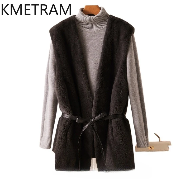 KMETRAM 100% Futro z Norek Kamizelka z Dekoltem w Serek, Dopasowana w Talii, Prawdziwe Futro, Płaszcz Zimowy 2025 Szary Krótki Bezrękawnik Damski Nowa Kurtka шуба