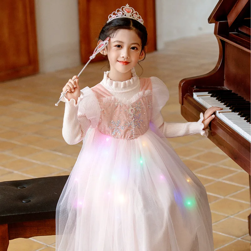 

2024Spring and Autumn New Girls Luminous Pink Snowflake Sequins Dress Sweater