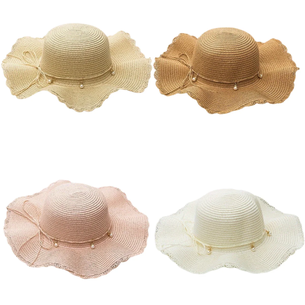 

Spring Summer Pearl Lace Wave Edge Straw Hat Fashion Solid Color Breathable Bucket Hat Outdoor Seaside Beach Holiday Sun Hat