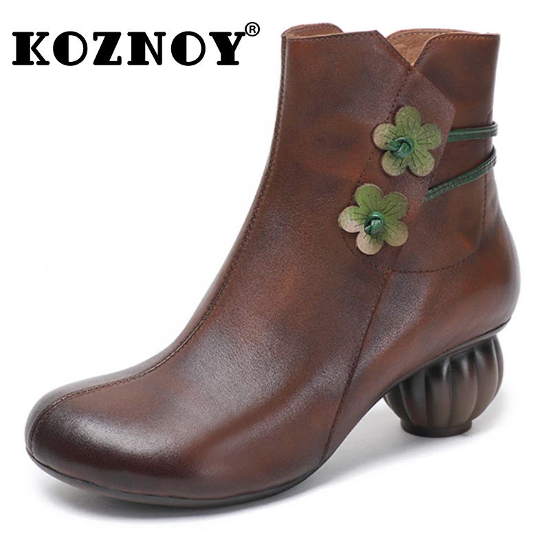 

Koznoy 5cm Cow Genuine Leather Luxury Chunky Heels ZIP Spring Fashion Woman Elegance Round Toe Autumn Ankle Booties Comfy Shoes