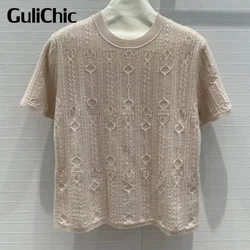 8.3 GuliChic Classic O-Neck Short Sleeve Cashmere Knitwear Fashion Twisted Pattern Jacquard Temperament All-Match Sweater Women