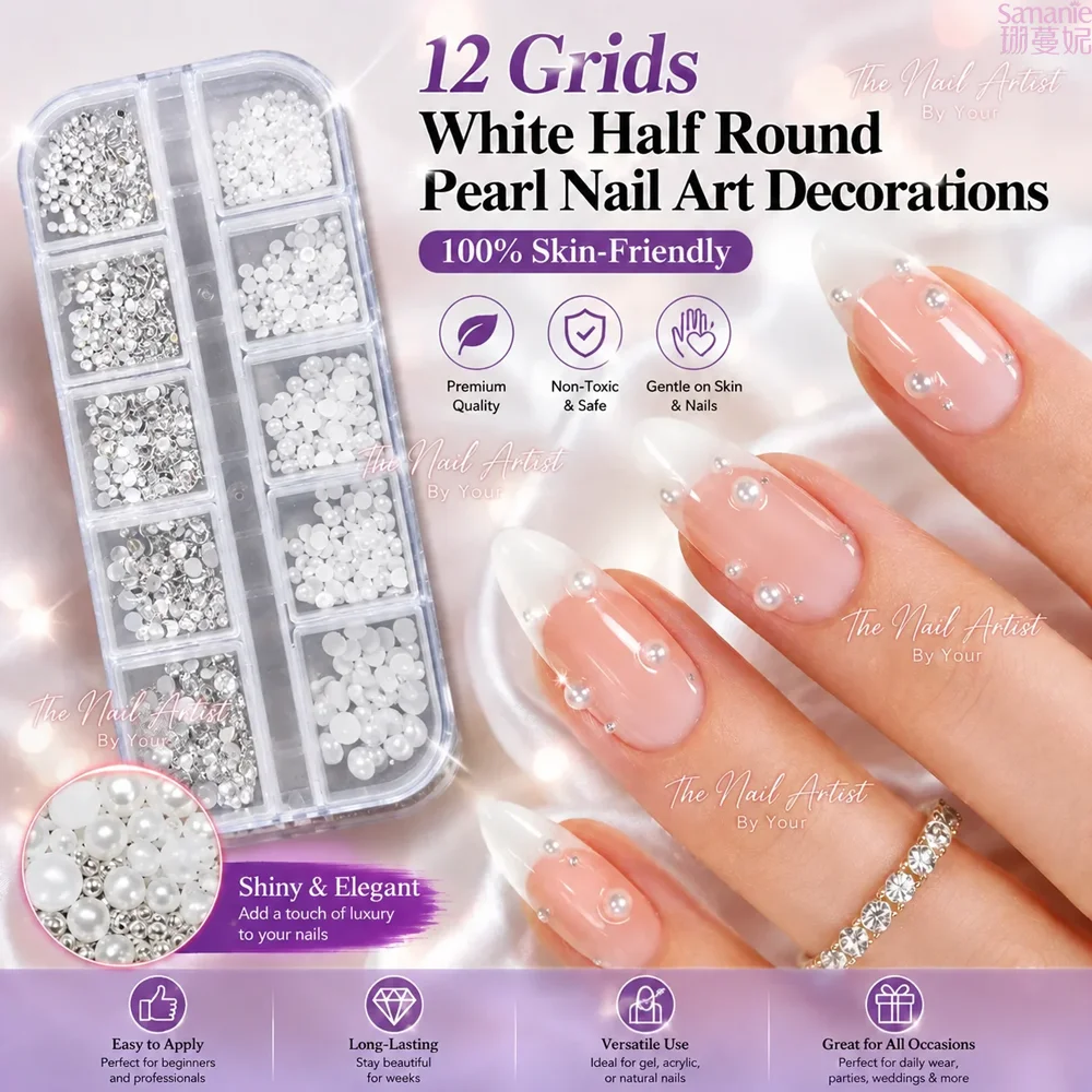 12 Grids White Half Round Pearl Nail Art Decoration Mixed Size Silver Gold Mini Steel Ball Rivet Rhinestone Nail Accessories