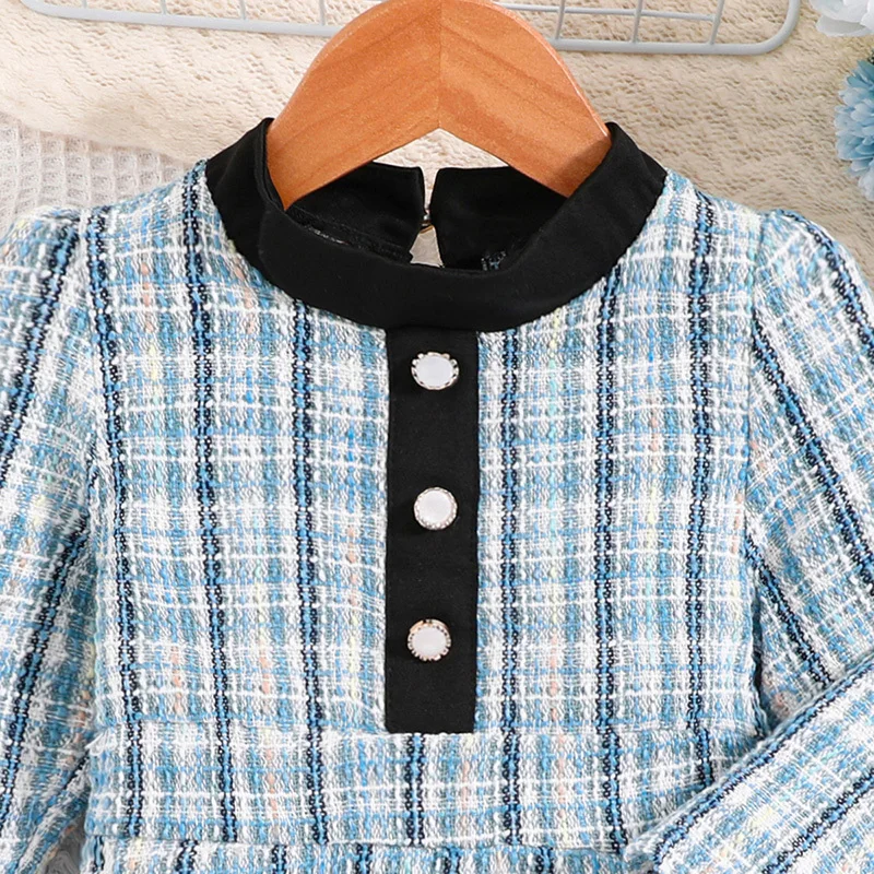 2025 خريف جديد للأطفال 4-7 سنوات بنات كم طويل مع عطر صغير باللون الأزرق فستان عطلة أنيق #3