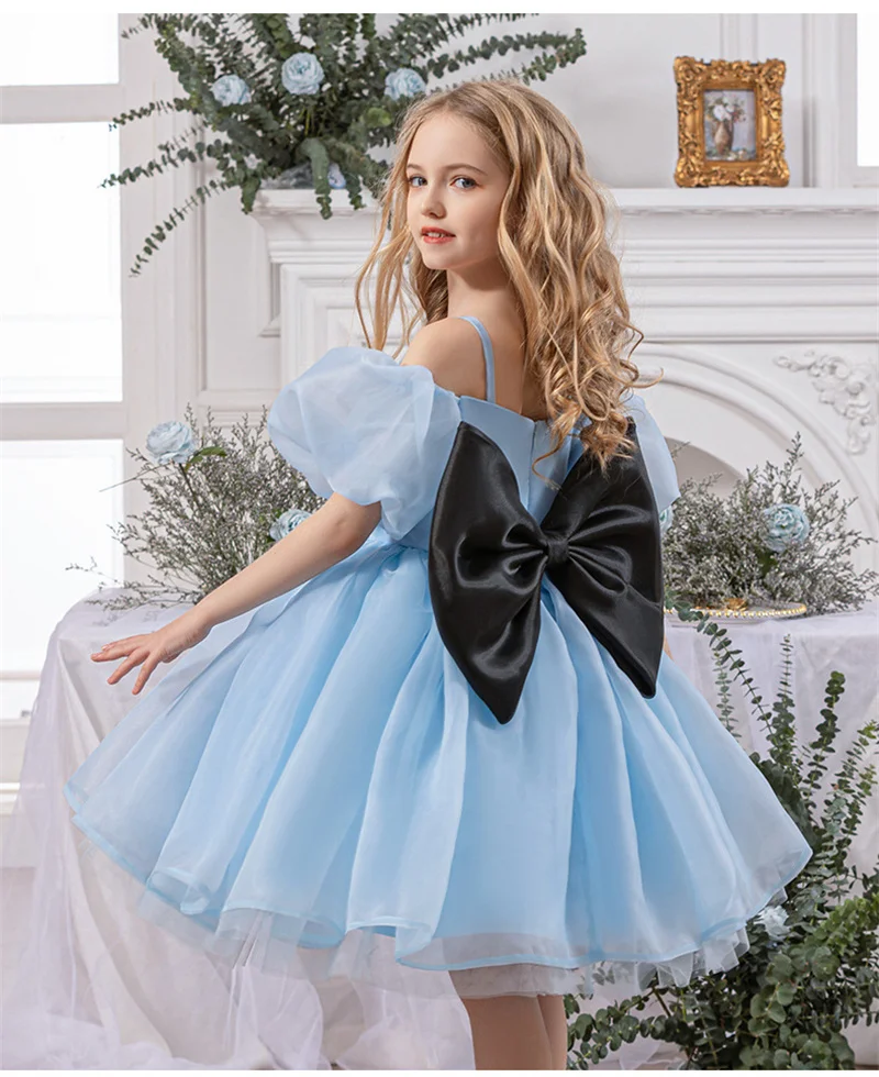Girls Princess Dress With Bowknot Kids Puffy Sleeve Tulle Dresses Wedding Party Birthday Tutu Gown Ball Children Clothes  345