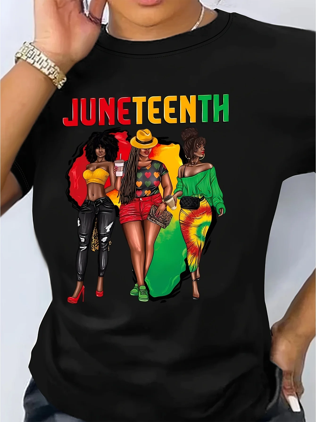 

Short Sleeve Juneteenth Print Crew Neck T-shirt, Women'S Casual Top for Summer& Spring