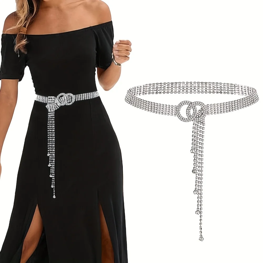 2O Elegant Rhinestone Waist Chain for Women - Sparkling Double O-Ring Y2K Dress Girdle Belt