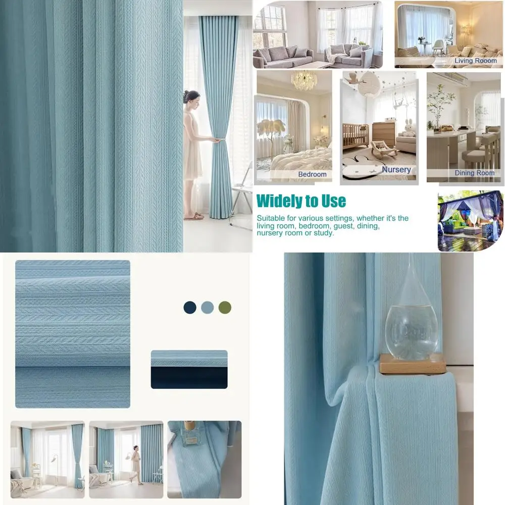 Blackout Curtains for Bedroom Bay Window, 106 Inch Length, 2 Panels, Blue Wheat Textured Chenil, Sleep Friendly