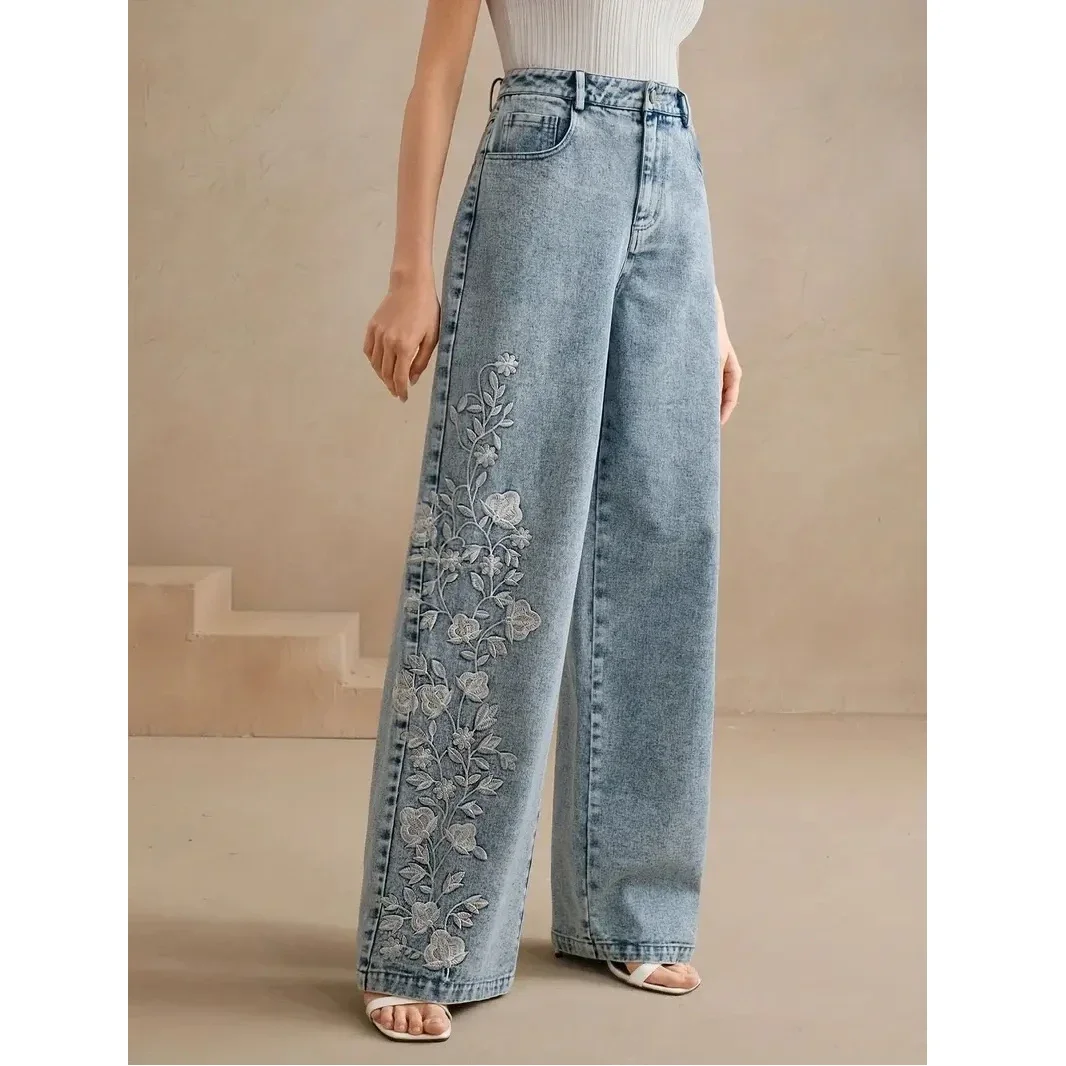 New Pants Trend Jeans for Woman Plus Size Comfort Stretch Washed Denim Embroidery Design Fashion Straight Leg