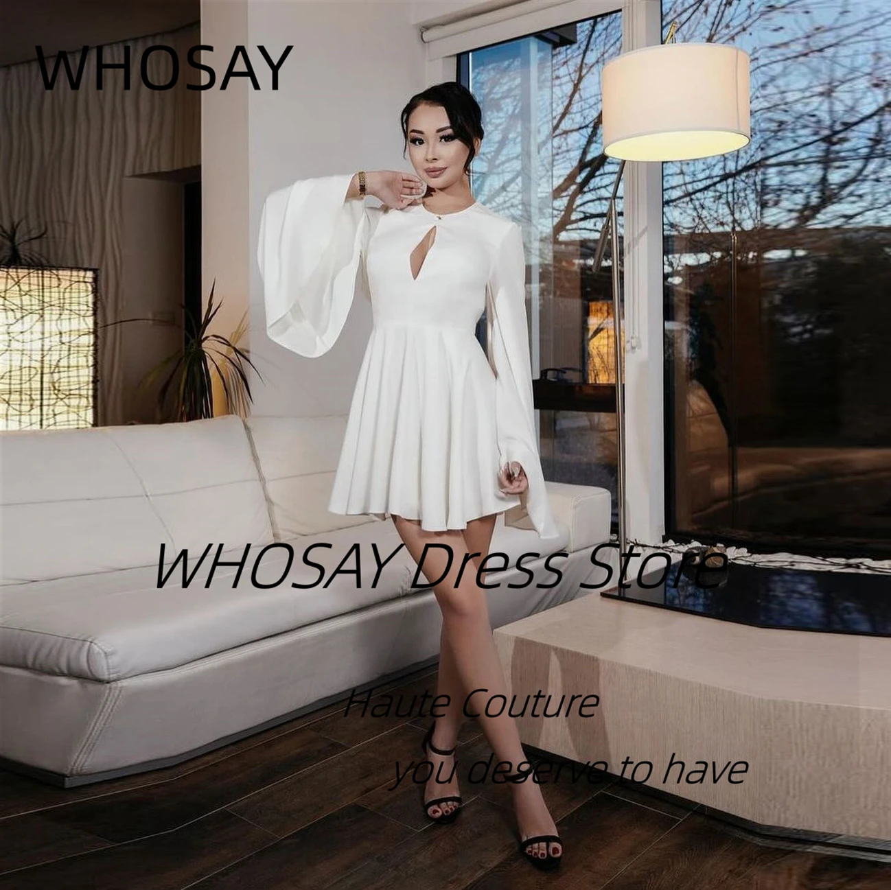 

WHOSAY Keyhole O-Neck Prom Dresses Sexy Back Long Sleeves Homecoming Party Dress A Line Short Graduation Gowns Customized