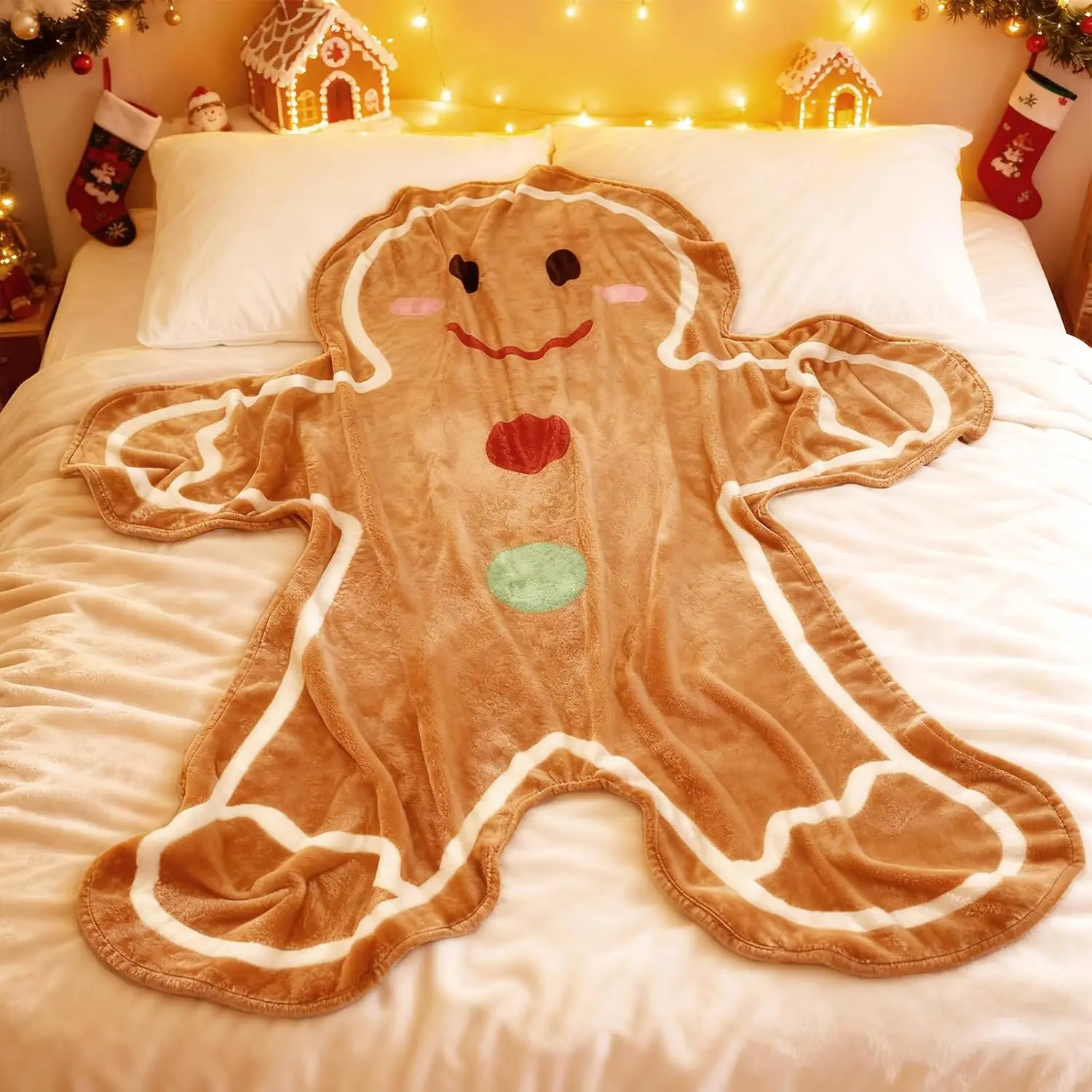 VIKAMA Gingerbread Man Fleece Blanket Christmas Cookie Shaped Soft Plush Throw Sofa Bed Couch Cozy Holiday Gift
