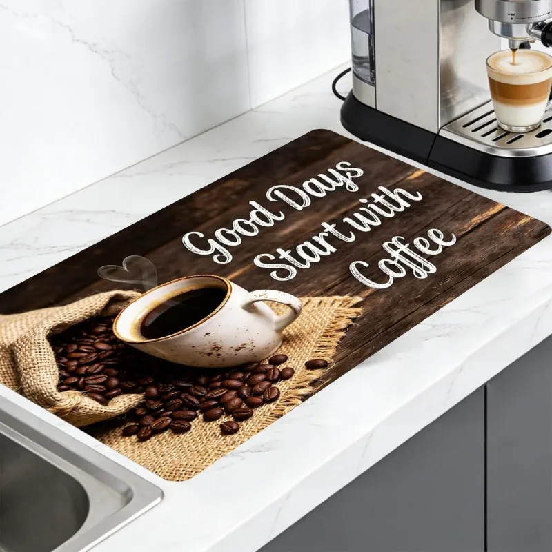 Good Days Start with Coffee Bar Mat Vintage Wooden Dish Drying Mat Farmhouse Espresso Machine Pad Kitchen Decor Gift