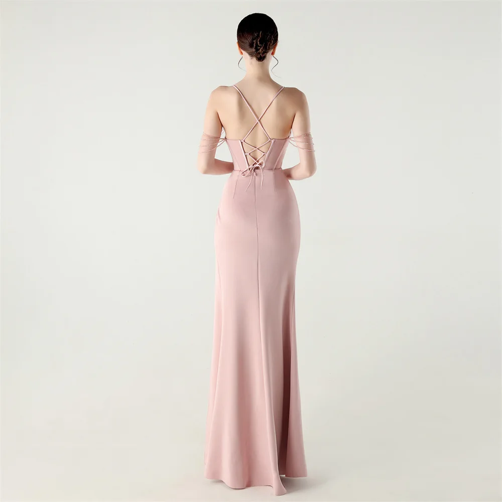 DEERVEADO Women's Strap Soft Satin Evening Dress with Beads Sexy Mermaid Slit Party Dresses Long Formal Occasion Dress Gala image 2