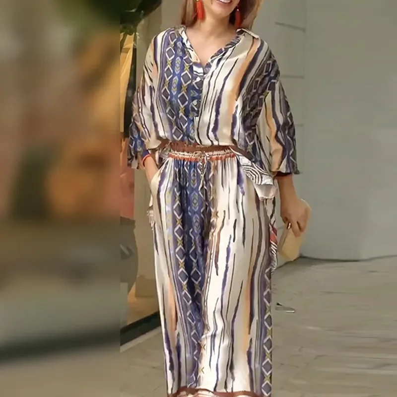 

Autumn Fashion Geometry Print Office Lady Set Casual Loose Two Piece Suit Women Lantern Sleeve Shirt And Wide Leg Pants Outfits