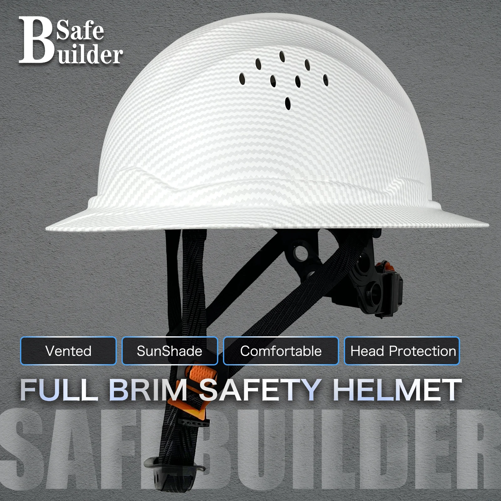 Casco de seguridad con patrón de fibra de carbono de ala completa, ajustable y cómodo, trinquete ANSI, construcción Hardhat duradera