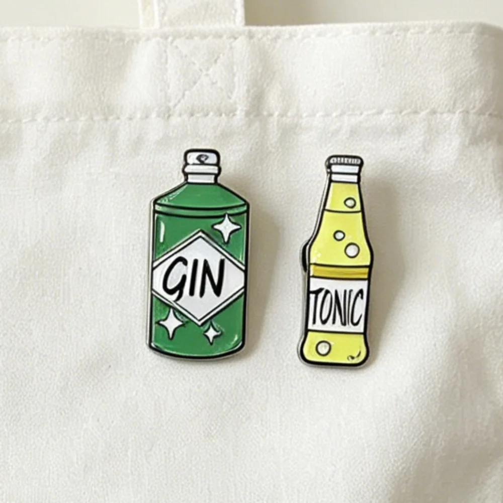 Funny Gin & Tonic Enamel Badge Set, Pair of Alcohol Bottle Art, Aesthetic Accessory for Bags & Clothing