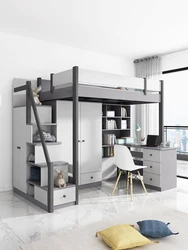 Double decker bed, upper and lower, high and low beds, supporting handrails, wardrobe style ladder cabinets, drawers, f