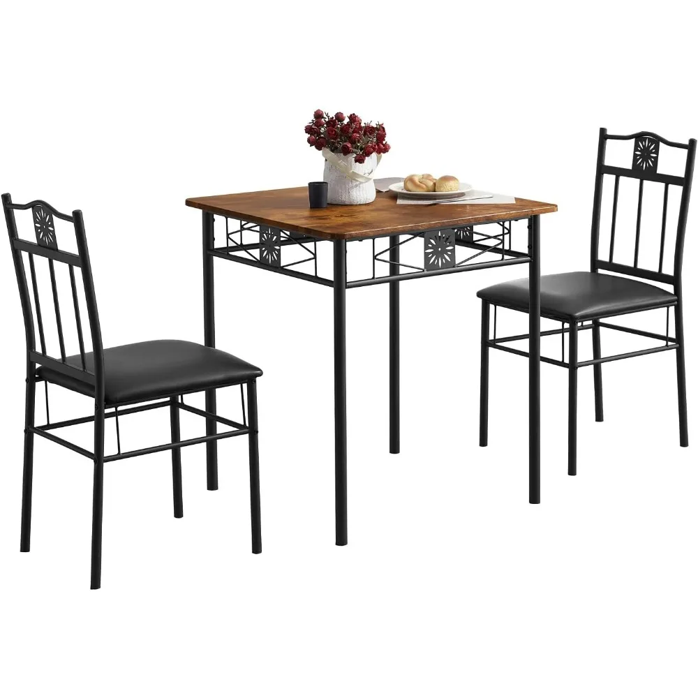 

3-Piece Kitchen Dining Room Table Set for Small Spaces, PU Padded Chairs, Retro Brown