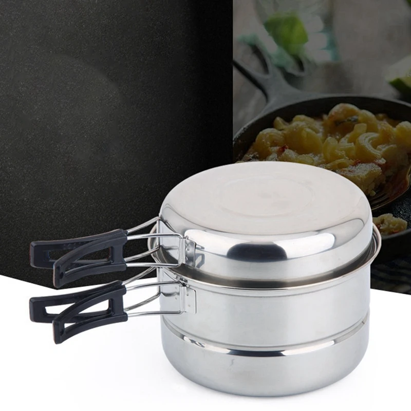 

ABKG Pro 3Pcs Set Outdoor Camping Picnic Pot Stainless Steel Cookware Picnic Pan Set Cooking Tool Set for 2-3 People (Silver)