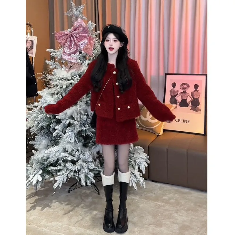 Christmas Sweet Plush Coat Skirt Two piece Set Women Fashion Soft Glutinous French Celebrity Single breasted Red Thicken Suit