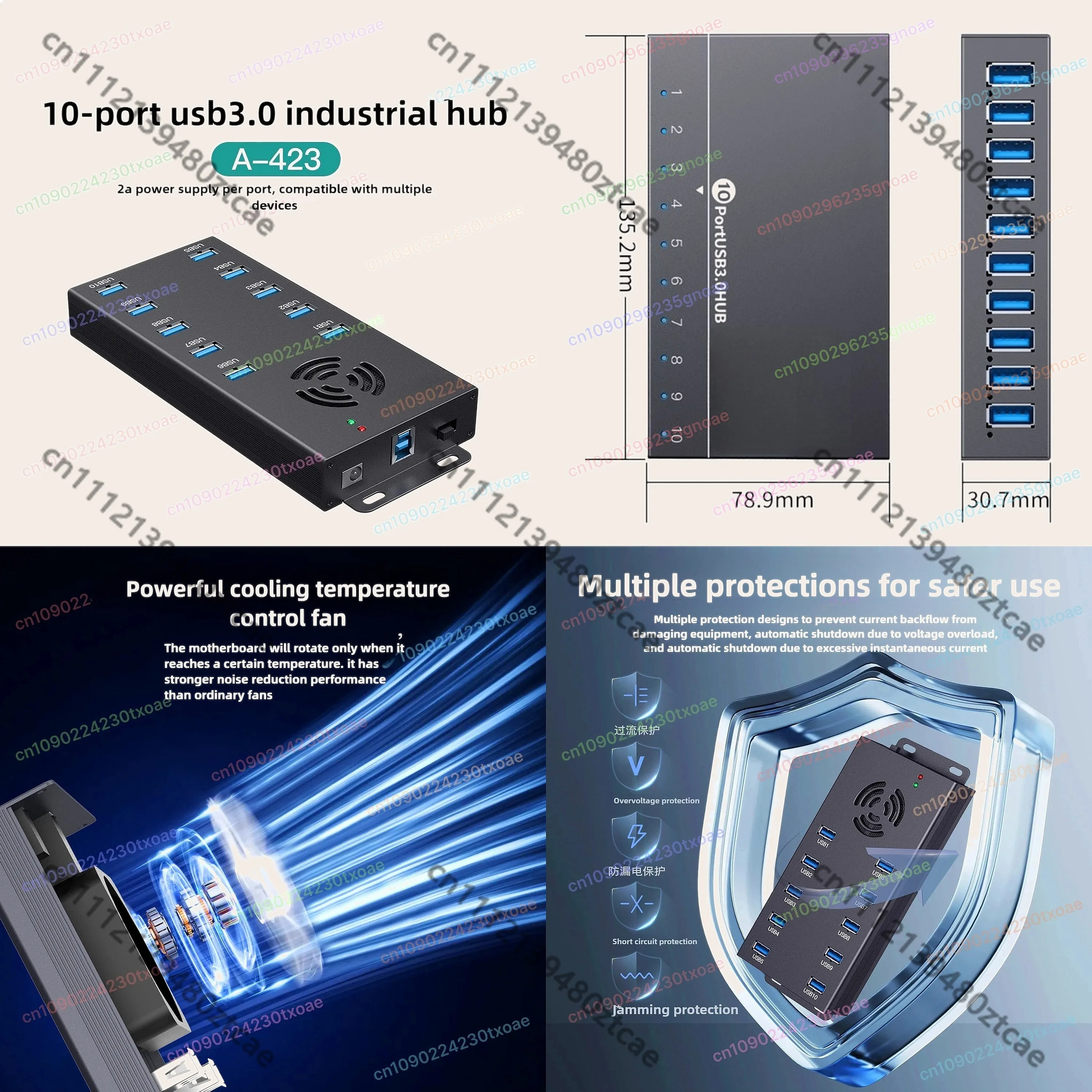 Industrial Grade 10 Port USB 3.0 Hub 400C Stable Multi Device Charging Data Transfer