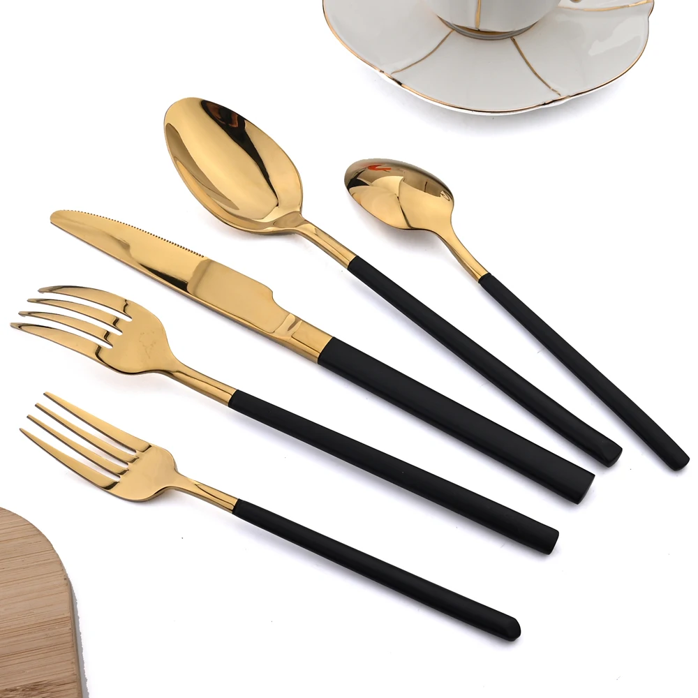 Zoseil 30 Pieces Black Gold Tableware Set Steak Knife Tableware Western Stainless Steel Tableware Household Kitchen Appliances