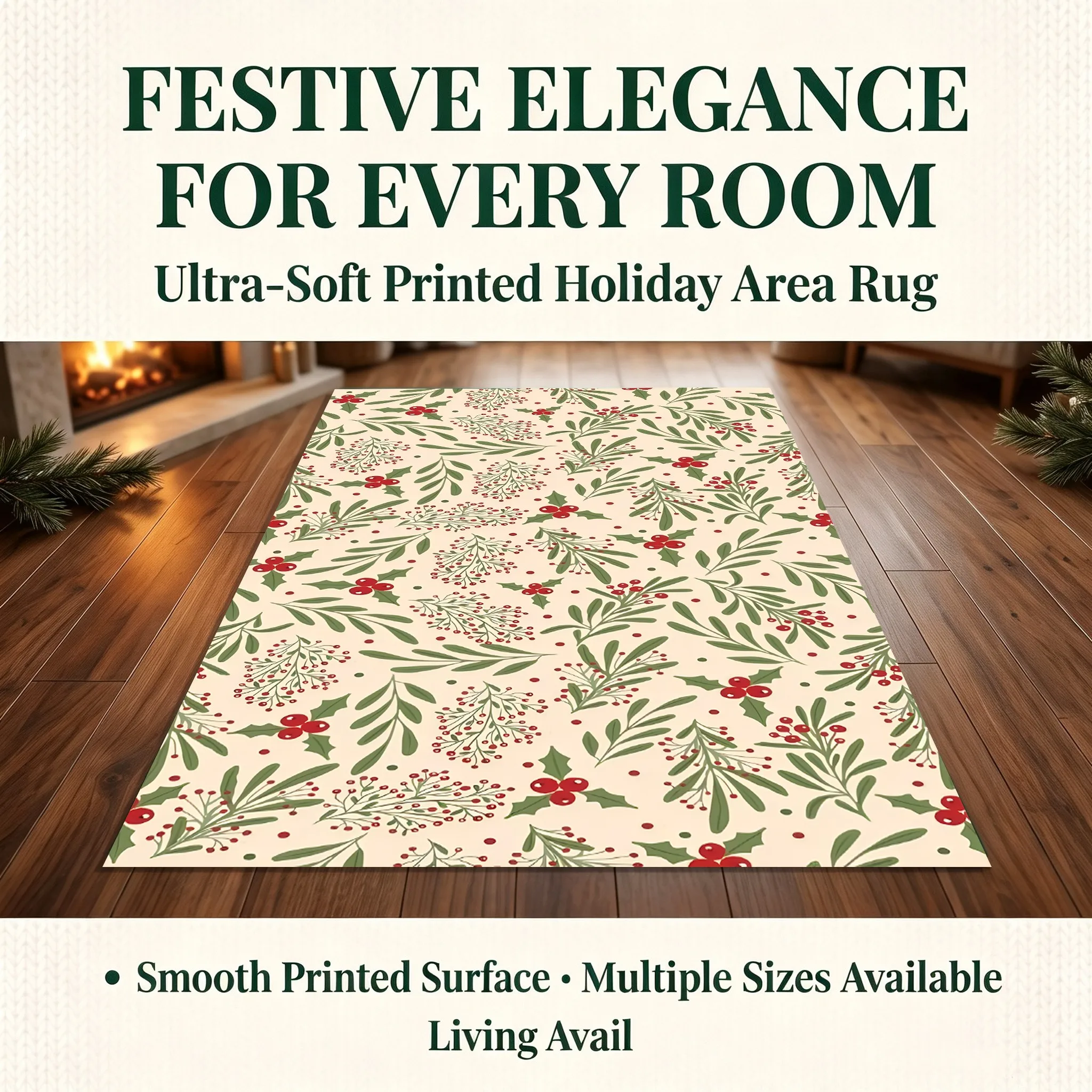 Holly Berry and Leaf Print Christmas Velvet Rug, Suitable for Living Room, Bedroom, and Bedside, Creating a Warm and Cozy Autumn/Winter Atmosphere