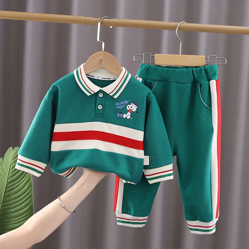 New Kids 2pcs Clothing Spring Autumn Boutique Long Sleeve Color Stitching Pullover Shirt + Pants Sport Set Baby Boys Clothes