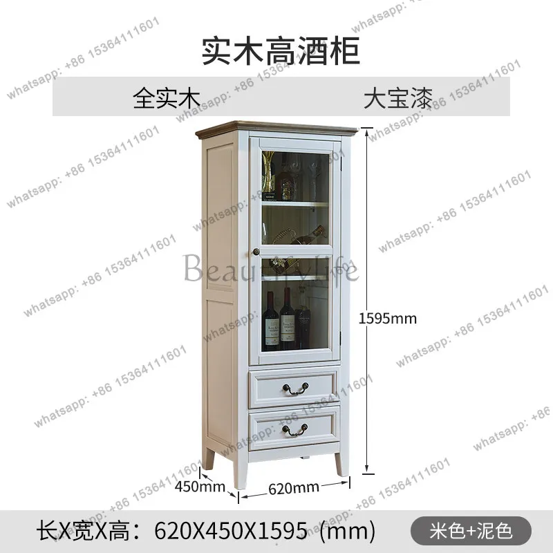 American Rural Mediterranean White All Solid Wood Single Door Glass Wine Cabinet Pastoral