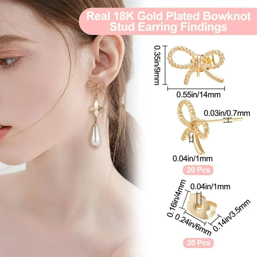 Beebeecraft 1 Box 20Pcs Bowknot Earring Stud Findings 18K Gold Twist Rope Earring Posts with Loops Earring Component and 20Pcs