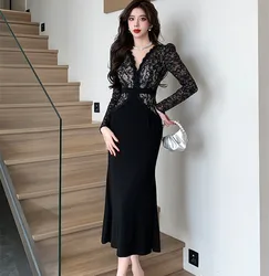 Elegant Autumn French Sequin Lace Spliced Hollow Out Prom Party Long Dress Women's V Neck Long Sleeve Bodycon Mermaid Robe Dress