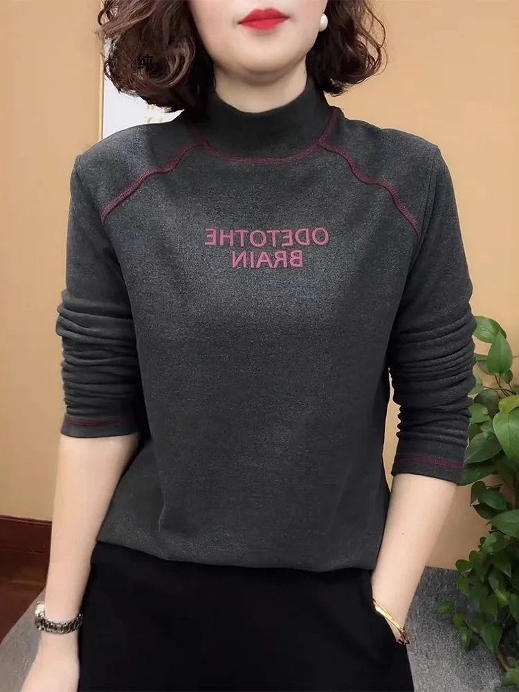 

Thiened Fce Lined Double-sided Velvet Base irt for Women Autumn Winter Sle f High Collar Brand Hoodie Streetwear ...