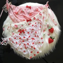 Strawberry Printed Cute Bow Sexy Women's Underwear Sweet Girl Milk Silk Breathable Panties Cotton Crotch Ruffle Briefs Lingerie