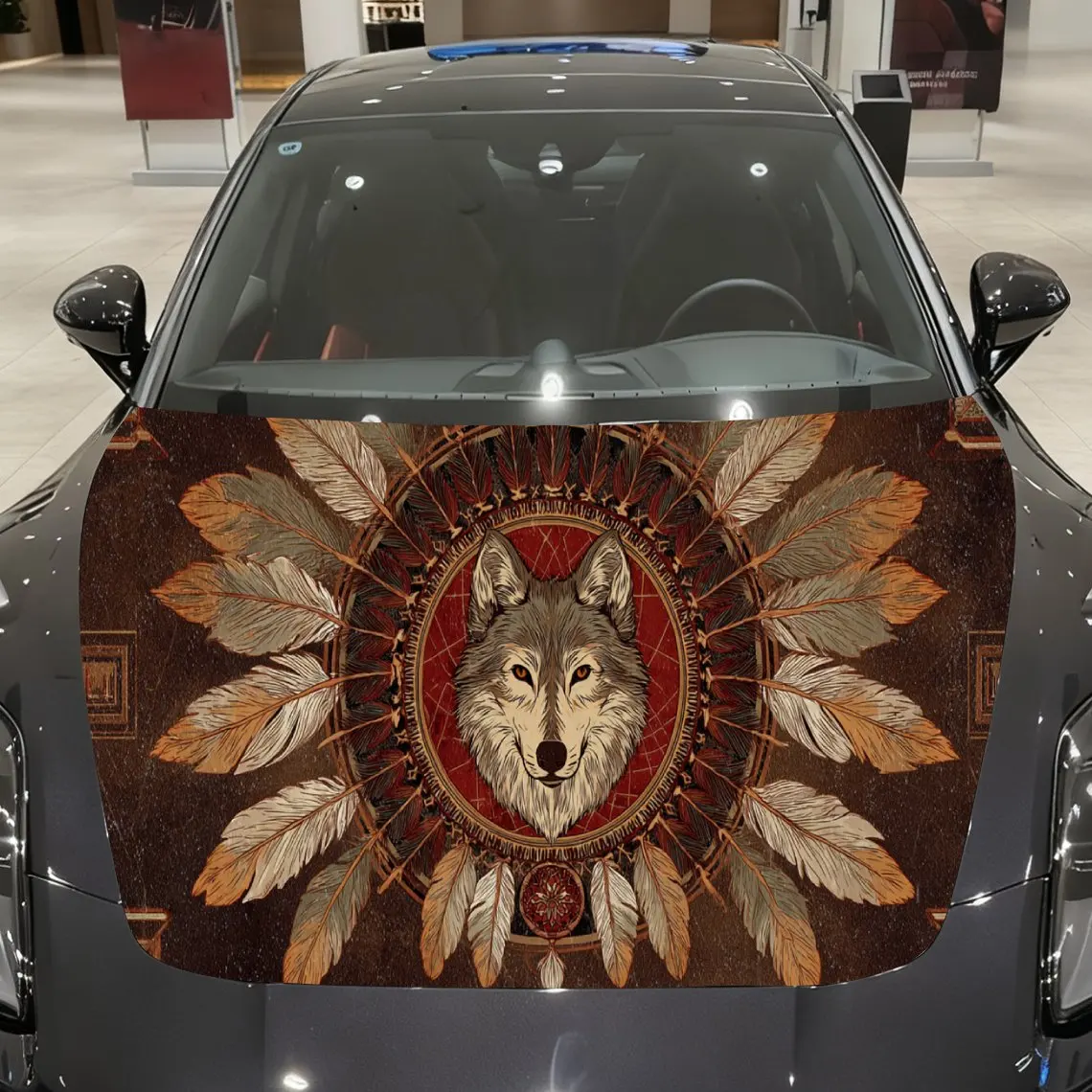 Vintage Native Wolf Auto Cover Sticker, Waterproof and Self-adhesive Auto Hood Decal, Auto Vinyl Wraps, Cool Car Exterior Decal,