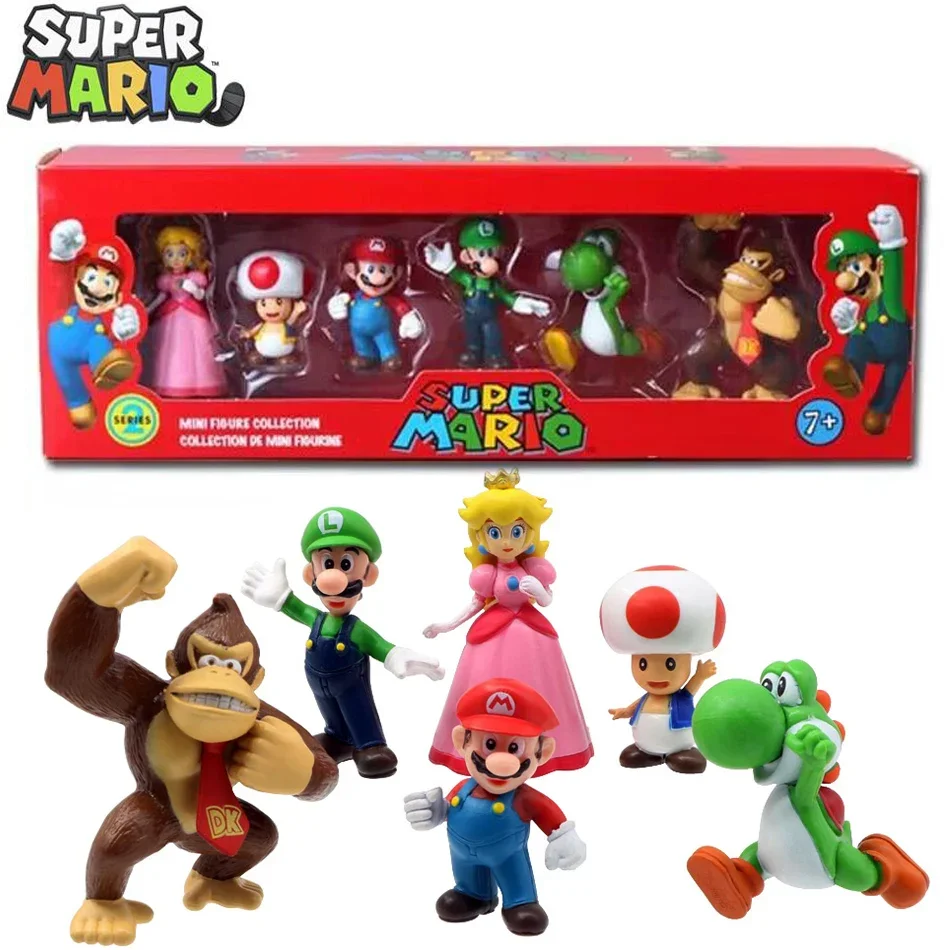 Juego de 6 figuras de acción de PVC de Super Mario Bros., muñecos y modelos: Luigi, Yoshi, Donkey Kong y un hongo, ideal como regalo de cumpleaños para niños.