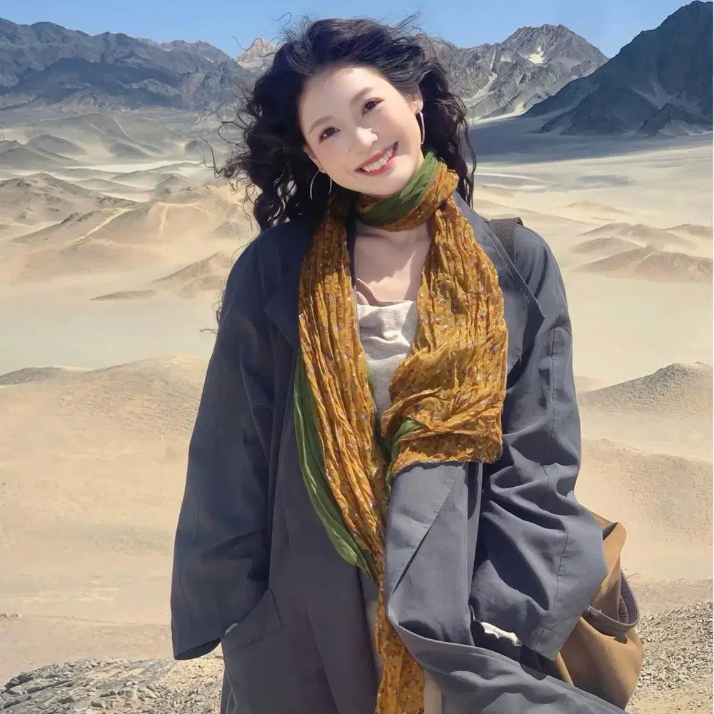 الأزهار الربط الألوان التجاعيد وشاح طويل قطاع وشاح للمرأة رقيقة واقية من الشمس الحجاب طباعة مطوي شال وشاح في الهواء الطلق #6