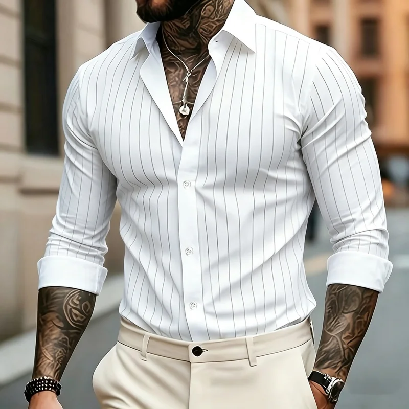 Men's shirt with white background, fine vertical stripes, long sleeved collar, slim fit, business formal shirt, casual men's top