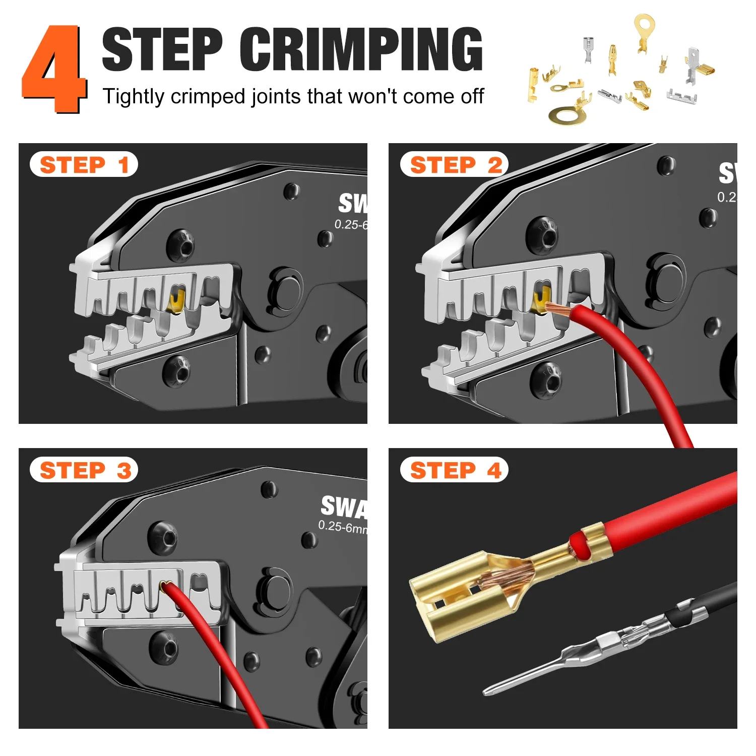 SWANAMB Crimpzange HS-06B für 0,5–6 mm2 XH2,54/2,8/4,8 Flachstecker Crimper für Anschlussklemmen