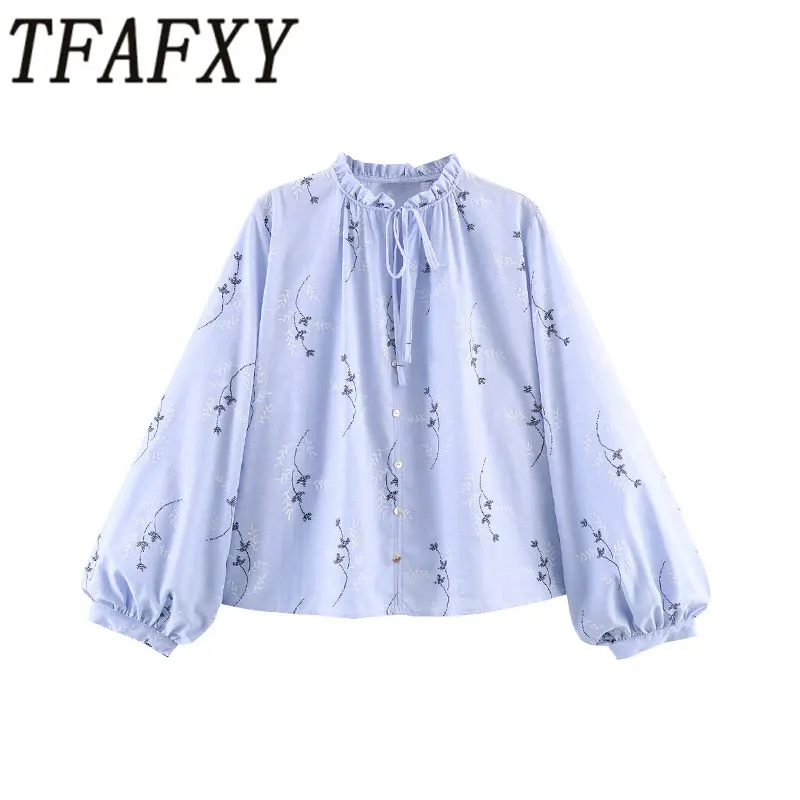 

TFAFXY 2026 Spring Casual Women Blouse Solid Single Breasted Long Sleeve Embroidery Loose Blouse Fashion Holiday Shirts