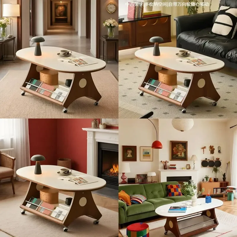Solid Wood Coffee Table with Sintered Stone Top Mobile Living Room Trolley Antique Style Storage Utility Cart