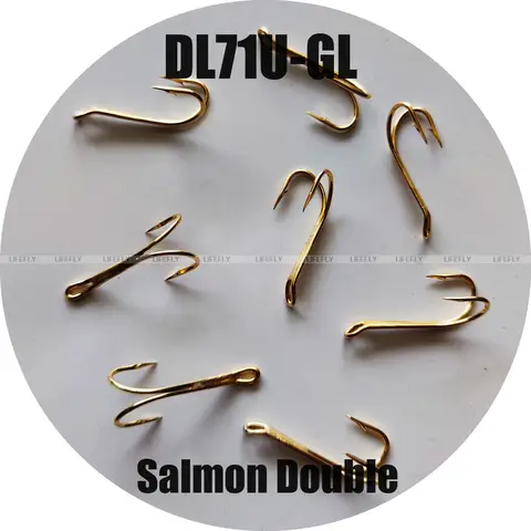 DL71U-GL, Gold Color, Salmon Double Hooks, 50pcs Fishing Hooks