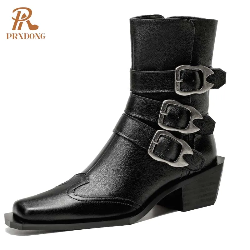 

PRXDONG Top 2024 New Fashion Genuine Leather Autumn WInter Warm Ankle Boots For Women Square Heels Black Punk Shoes Size 34-40